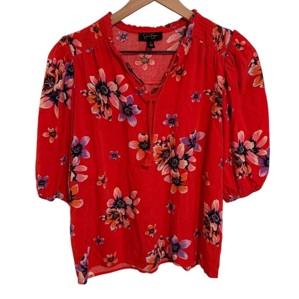 JESSICA SIMPSON Red Floral Puff Sleeve Blouse SZ MEDIUM